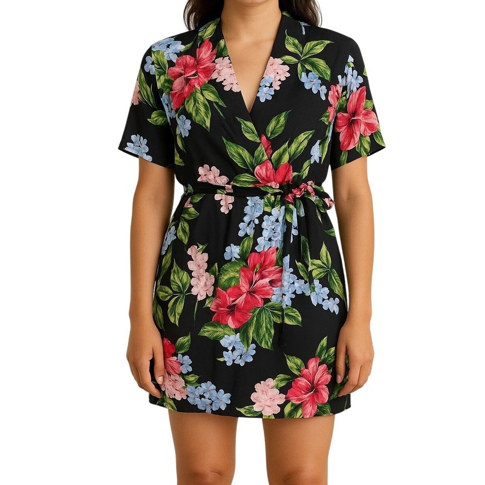 Vintage Carol Anderson California Floral Wrap Mini Dress Black Pink 80s 90s